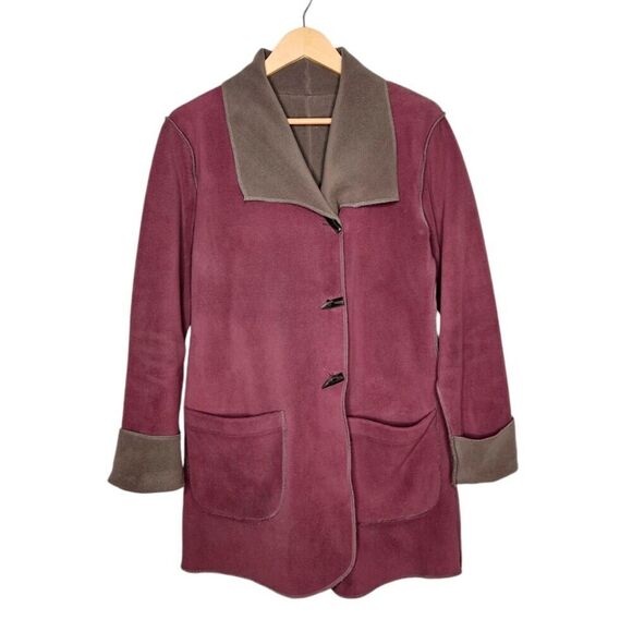 APSARA Womens Reversible Fleece Coat Medium Purple Taupe Horn Shape Buttons - Picture 1 of 10